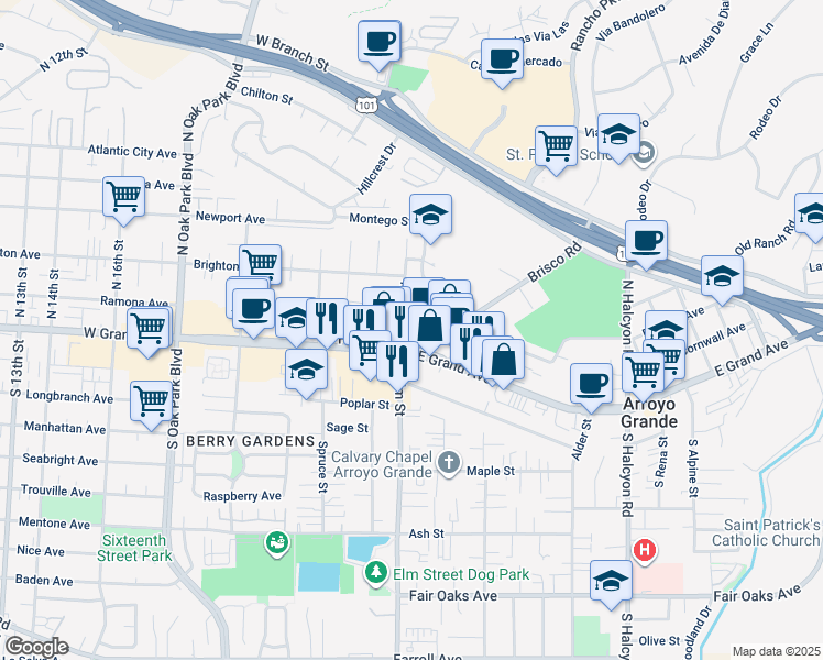 map of restaurants, bars, coffee shops, grocery stores, and more near 1198 East Grand Avenue in Arroyo Grande