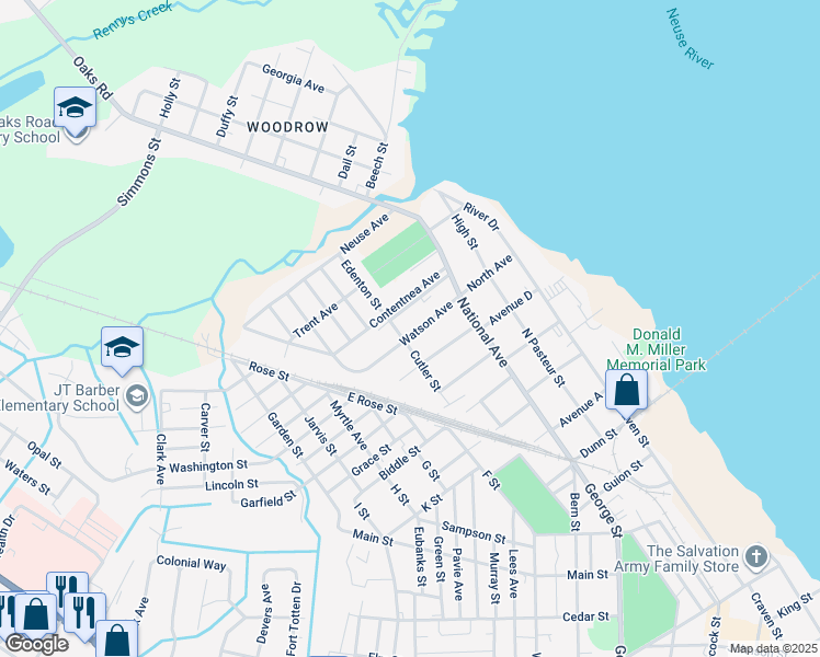 map of restaurants, bars, coffee shops, grocery stores, and more near 522 Watson Avenue in New Bern