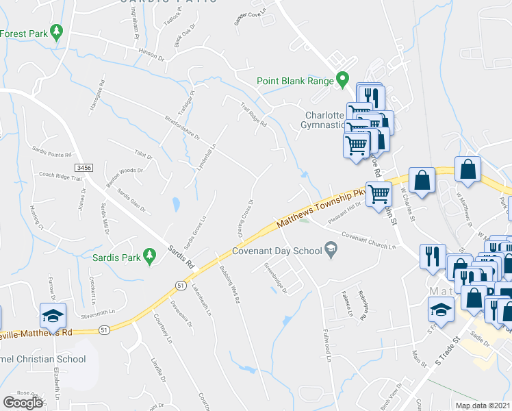 map of restaurants, bars, coffee shops, grocery stores, and more near 224 Charing Cross Drive in Matthews