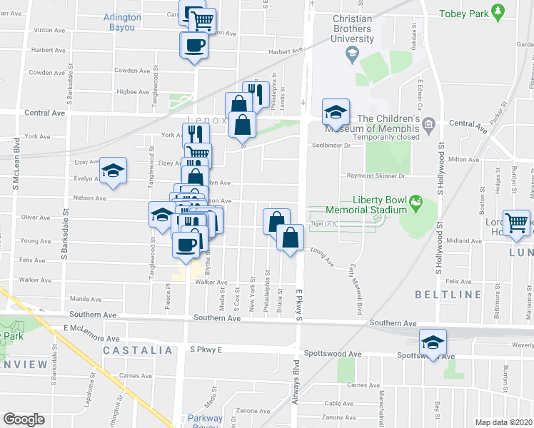 map of restaurants, bars, coffee shops, grocery stores, and more near 901 Philadelphia Street in Memphis