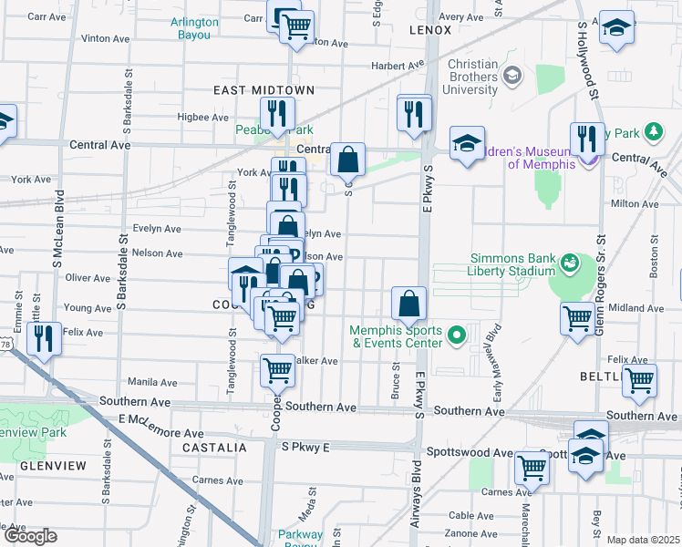 map of restaurants, bars, coffee shops, grocery stores, and more near 914 South Cox Street in Memphis