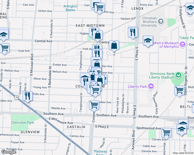 map of restaurants, bars, coffee shops, grocery stores, and more near 895s Cooper Street in Memphis