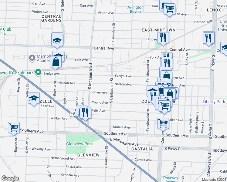 map of restaurants, bars, coffee shops, grocery stores, and more near 1914 Oliver Avenue in Memphis