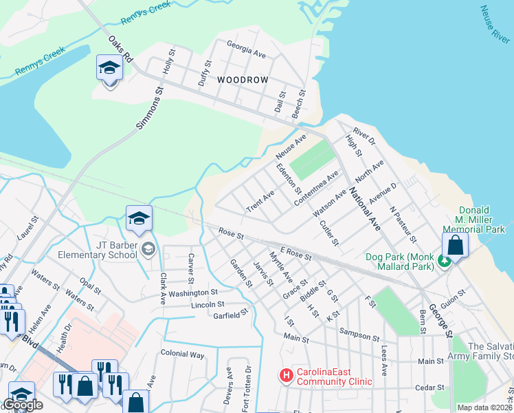 map of restaurants, bars, coffee shops, grocery stores, and more near 1713 Fayetteville Street in New Bern