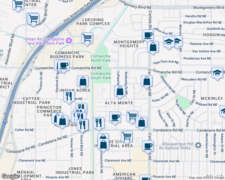 map of restaurants, bars, coffee shops, grocery stores, and more near 3416 Bryn Mawr Drive Northeast in Albuquerque