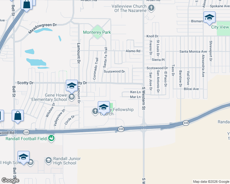 map of restaurants, bars, coffee shops, grocery stores, and more near South Western Street in Amarillo