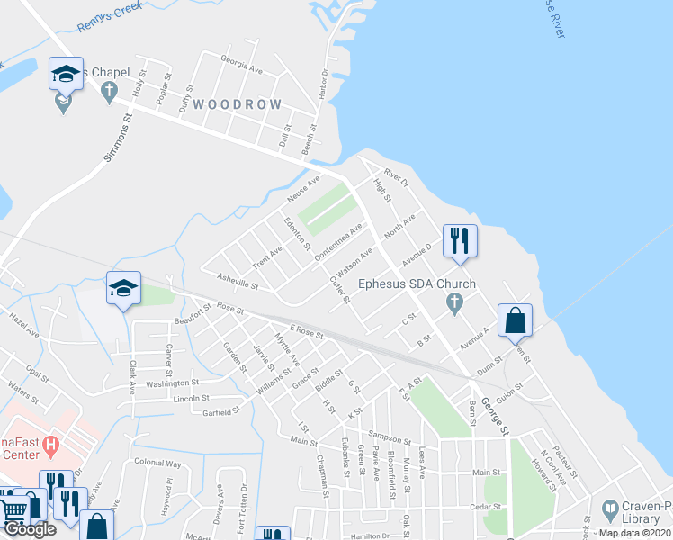 map of restaurants, bars, coffee shops, grocery stores, and more near 522 Watson Avenue in New Bern