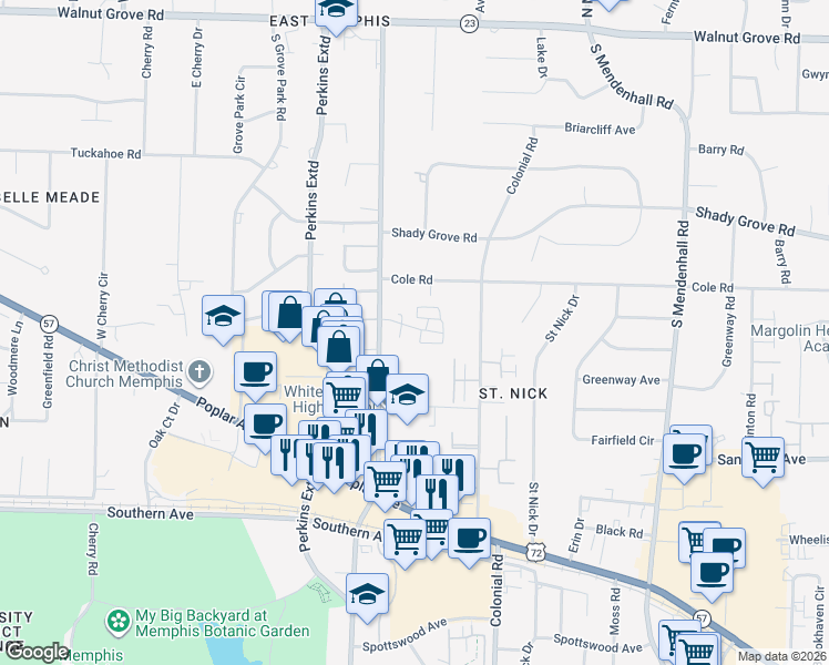 map of restaurants, bars, coffee shops, grocery stores, and more near 368 Caraway Cove in Memphis