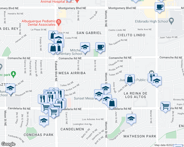 map of restaurants, bars, coffee shops, grocery stores, and more near 10125 Toltec Road Northeast in Albuquerque