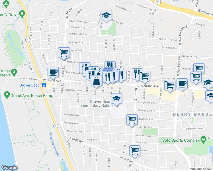 map of restaurants, bars, coffee shops, grocery stores, and more near 928 West Grand Avenue in Grover Beach