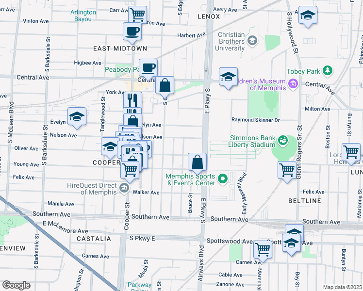 map of restaurants, bars, coffee shops, grocery stores, and more near 893 Philadelphia Street in Memphis