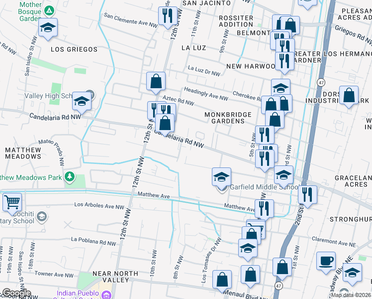 map of restaurants, bars, coffee shops, grocery stores, and more near 3624 10th Street Northwest in Albuquerque