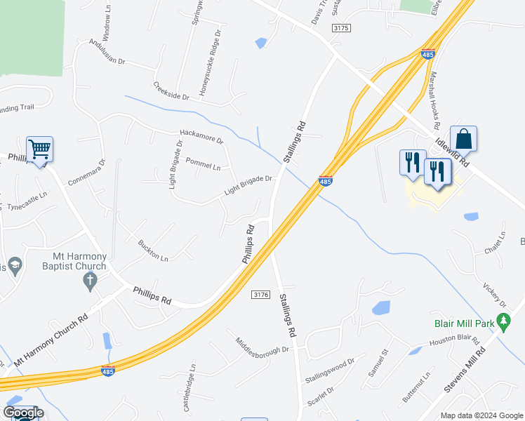 map of restaurants, bars, coffee shops, grocery stores, and more near 1925 Windrow Wood Court in Matthews
