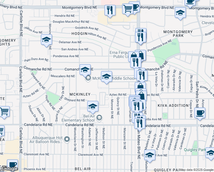 map of restaurants, bars, coffee shops, grocery stores, and more near 3303 Monroe Street Northeast in Albuquerque