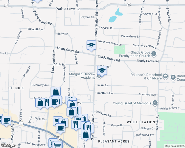 map of restaurants, bars, coffee shops, grocery stores, and more near 390 South White Station Road in Memphis