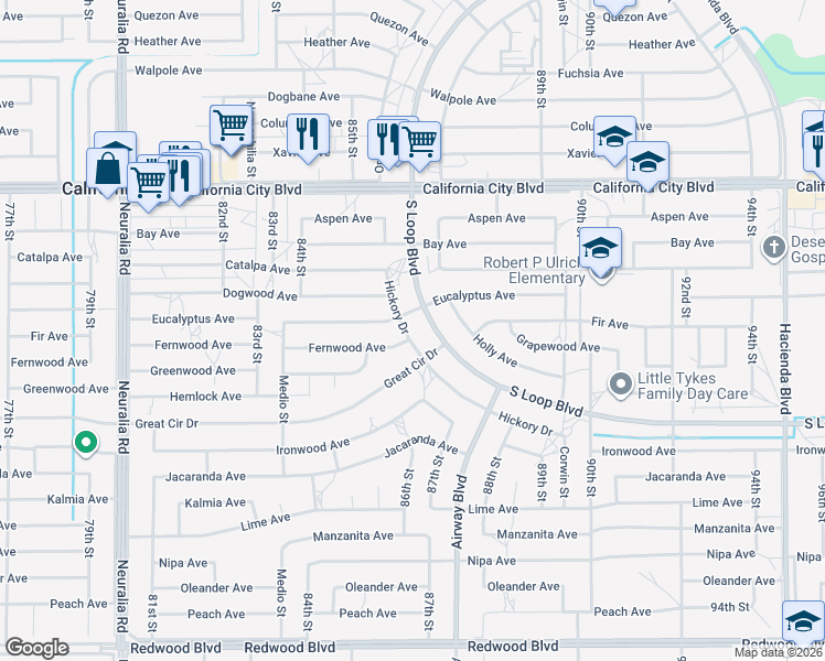 map of restaurants, bars, coffee shops, grocery stores, and more near 8621 Hickory Drive in California City