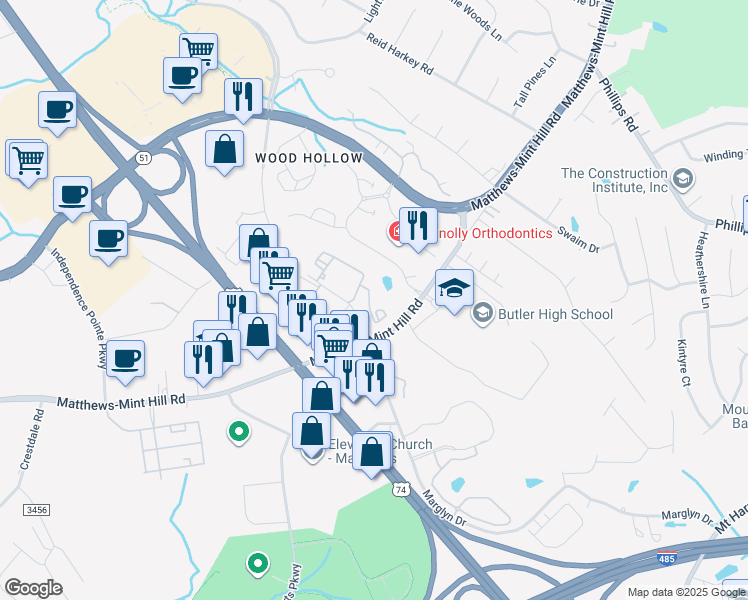 map of restaurants, bars, coffee shops, grocery stores, and more near 2911 Oakhaven Drive in Matthews