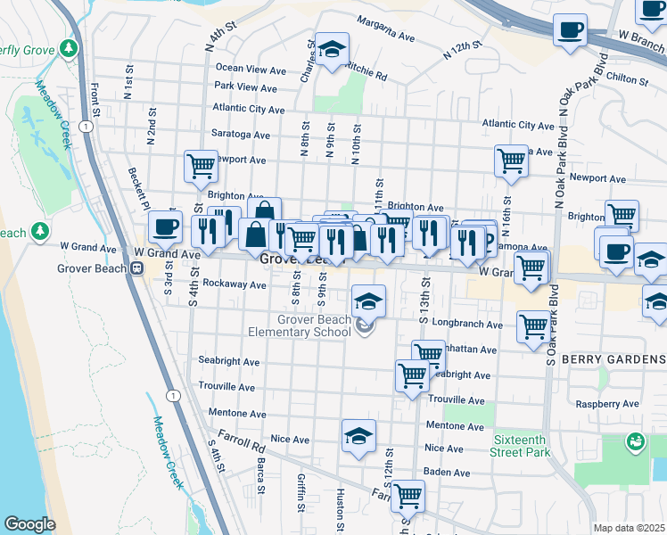 map of restaurants, bars, coffee shops, grocery stores, and more near 319 California 1 in Grover Beach