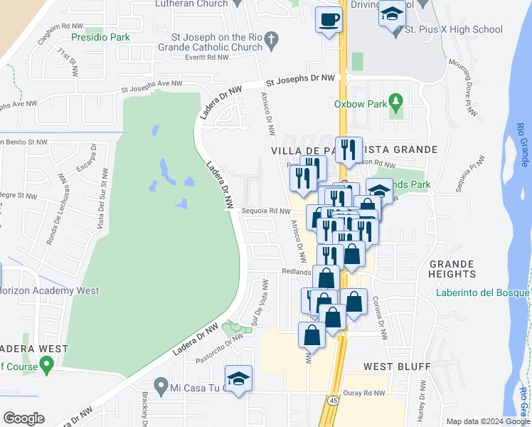 map of restaurants, bars, coffee shops, grocery stores, and more near 6023 Kilmer Avenue Northwest in Albuquerque