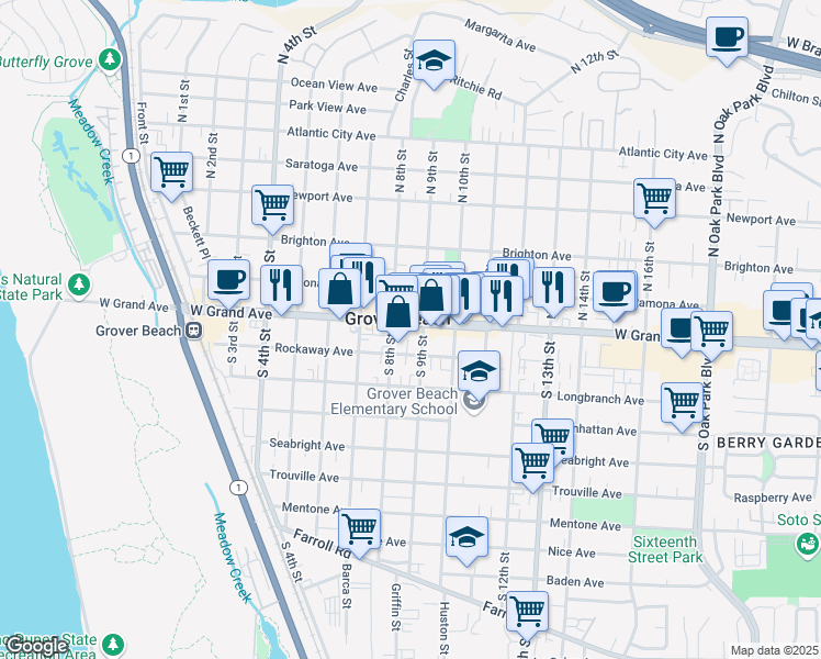 map of restaurants, bars, coffee shops, grocery stores, and more near in Grover Beach