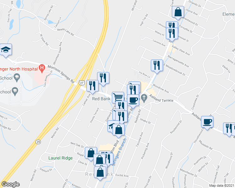 map of restaurants, bars, coffee shops, grocery stores, and more near 4005 Oakland Terrace in Chattanooga