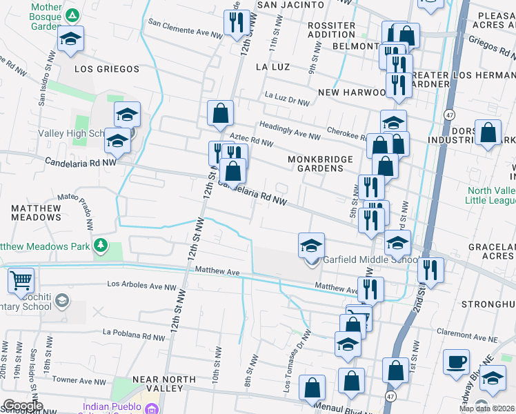 map of restaurants, bars, coffee shops, grocery stores, and more near 3620 10th Street Northwest in Albuquerque