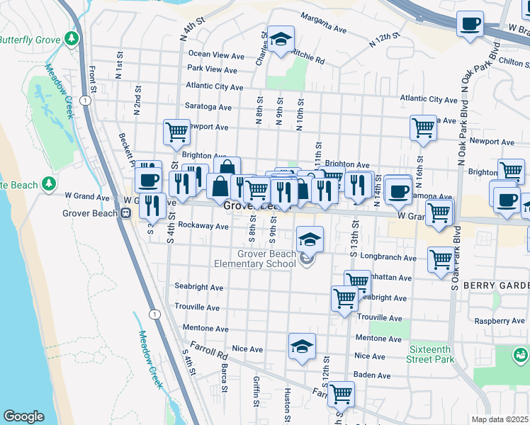 map of restaurants, bars, coffee shops, grocery stores, and more near 850 West Grand Avenue in Grover Beach