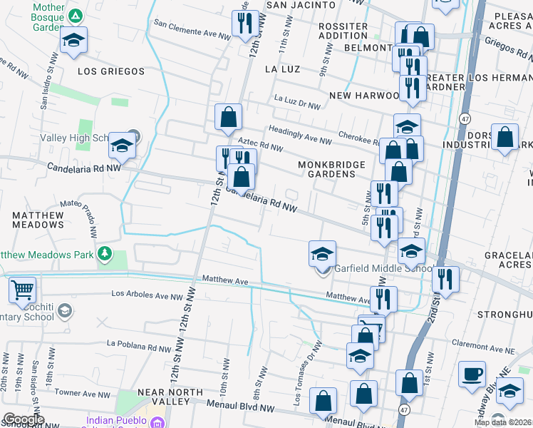 map of restaurants, bars, coffee shops, grocery stores, and more near 3620 10th Street Northwest in Albuquerque