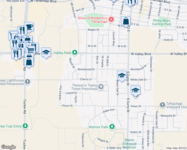 map of restaurants, bars, coffee shops, grocery stores, and more near 909 Mulberry Street in Tehachapi