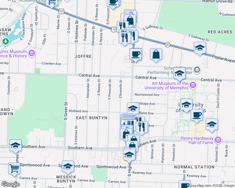 map of restaurants, bars, coffee shops, grocery stores, and more near 395 Ellsworth Street in Memphis