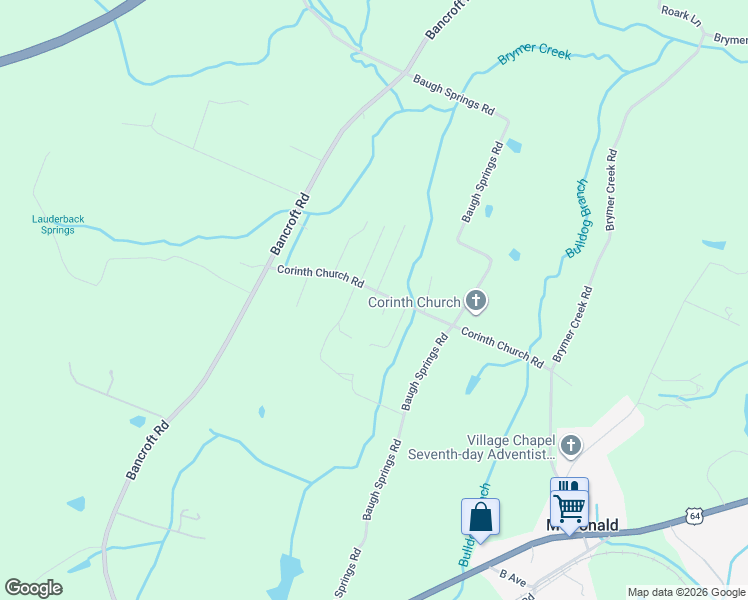 map of restaurants, bars, coffee shops, grocery stores, and more near 183 Baugh Trail in McDonald