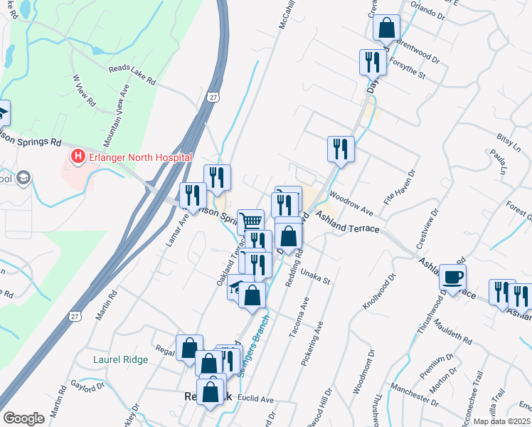 map of restaurants, bars, coffee shops, grocery stores, and more near 115 Morrison Springs Road in Chattanooga
