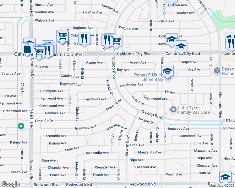 map of restaurants, bars, coffee shops, grocery stores, and more near 8668 South Loop Boulevard in California City