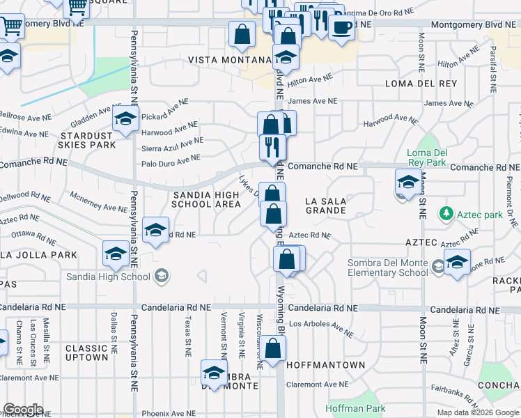 map of restaurants, bars, coffee shops, grocery stores, and more near 8225 Dellwood Road Northeast in Albuquerque