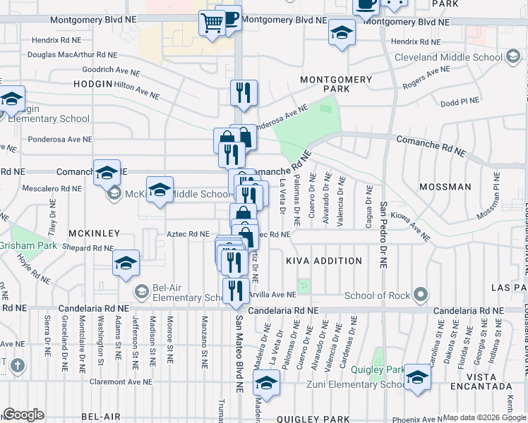 map of restaurants, bars, coffee shops, grocery stores, and more near 3300 San Mateo Boulevard Northeast in Albuquerque