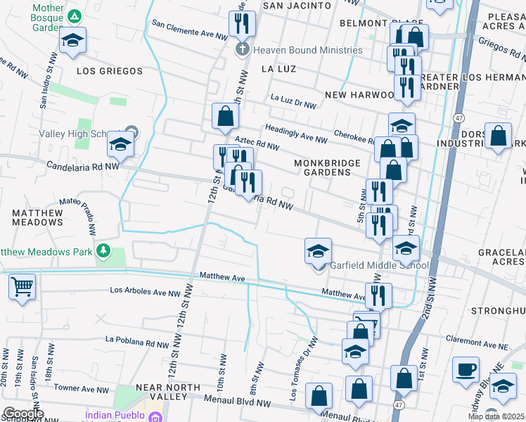 map of restaurants, bars, coffee shops, grocery stores, and more near 900 Candelaria Road Northwest in Albuquerque