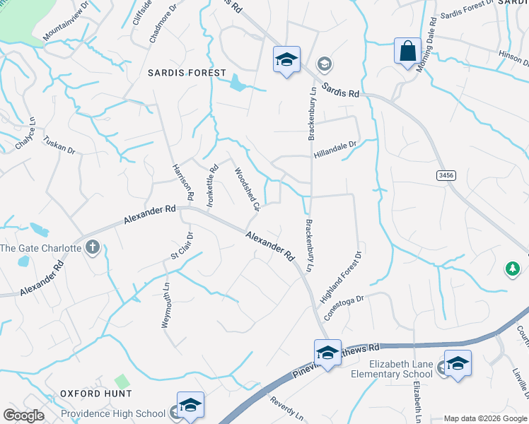 map of restaurants, bars, coffee shops, grocery stores, and more near 6709 Woodshed Circle in Charlotte