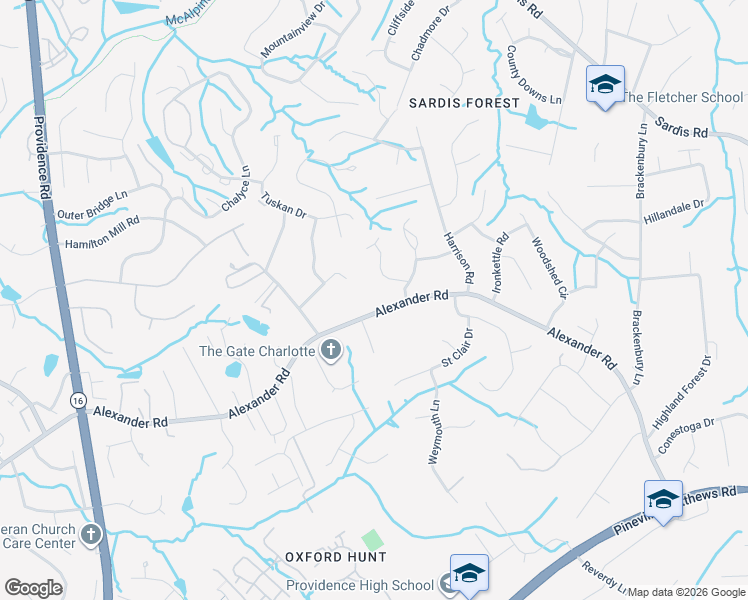 map of restaurants, bars, coffee shops, grocery stores, and more near 7125 Alexander Road in Charlotte