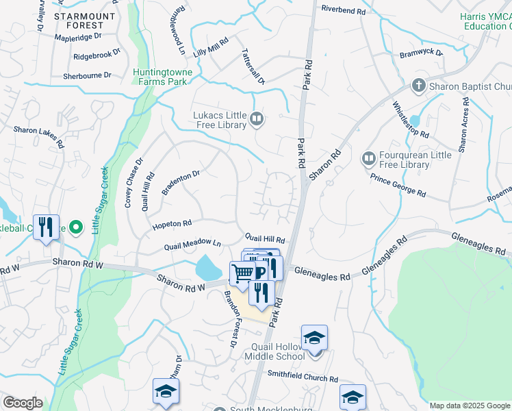 map of restaurants, bars, coffee shops, grocery stores, and more near 8228 Legare Court in Charlotte
