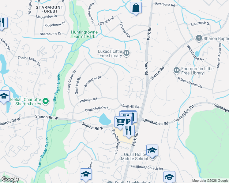 map of restaurants, bars, coffee shops, grocery stores, and more near 7107 Quail Hill Road in Charlotte