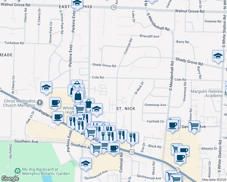 map of restaurants, bars, coffee shops, grocery stores, and more near 362 Colonial Road in Memphis