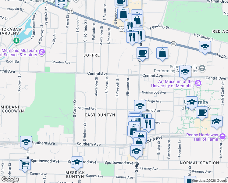 map of restaurants, bars, coffee shops, grocery stores, and more near 391 Prescott Street in Memphis