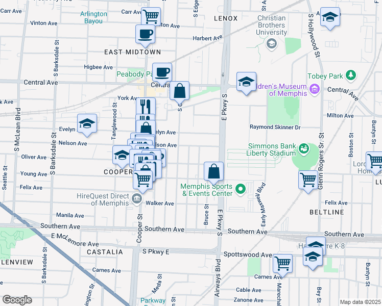map of restaurants, bars, coffee shops, grocery stores, and more near 901 Philadelphia Street in Memphis
