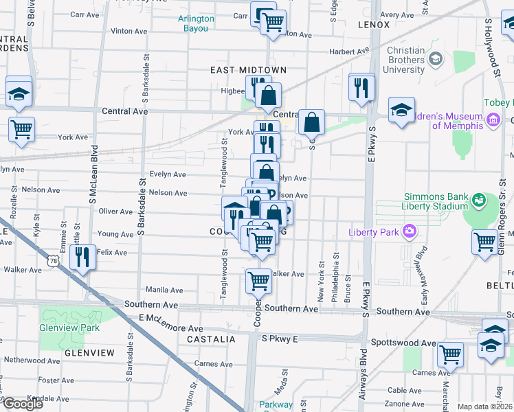 map of restaurants, bars, coffee shops, grocery stores, and more near 895s Cooper Street in Memphis