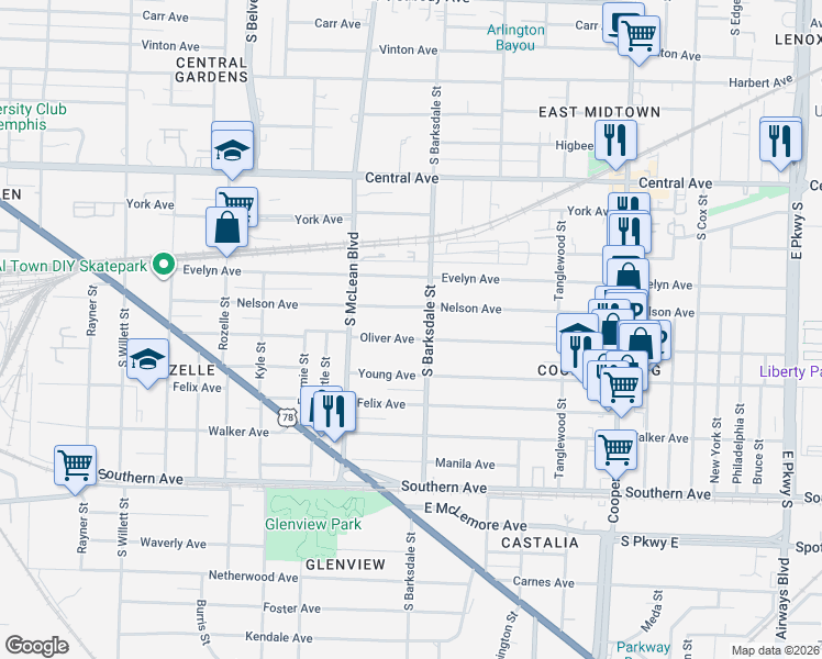 map of restaurants, bars, coffee shops, grocery stores, and more near 1914 Oliver Avenue in Memphis