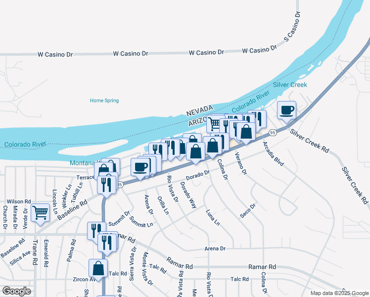 map of restaurants, bars, coffee shops, grocery stores, and more near 1825 East Shore Villas Drive in Bullhead City