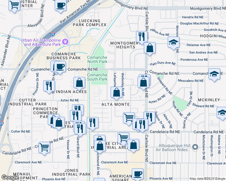 map of restaurants, bars, coffee shops, grocery stores, and more near 3416 Bryn Mawr Drive Northeast in Albuquerque
