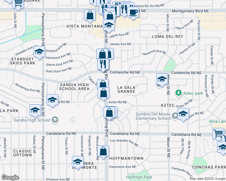 map of restaurants, bars, coffee shops, grocery stores, and more near 3326 Wyoming Boulevard Northeast in Albuquerque