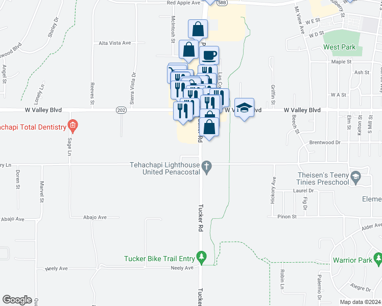 map of restaurants, bars, coffee shops, grocery stores, and more near 1149 Miller Lane in Tehachapi