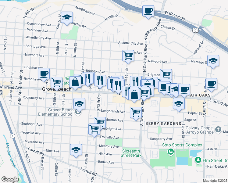 map of restaurants, bars, coffee shops, grocery stores, and more near 1477 West Grand Avenue in Grover Beach
